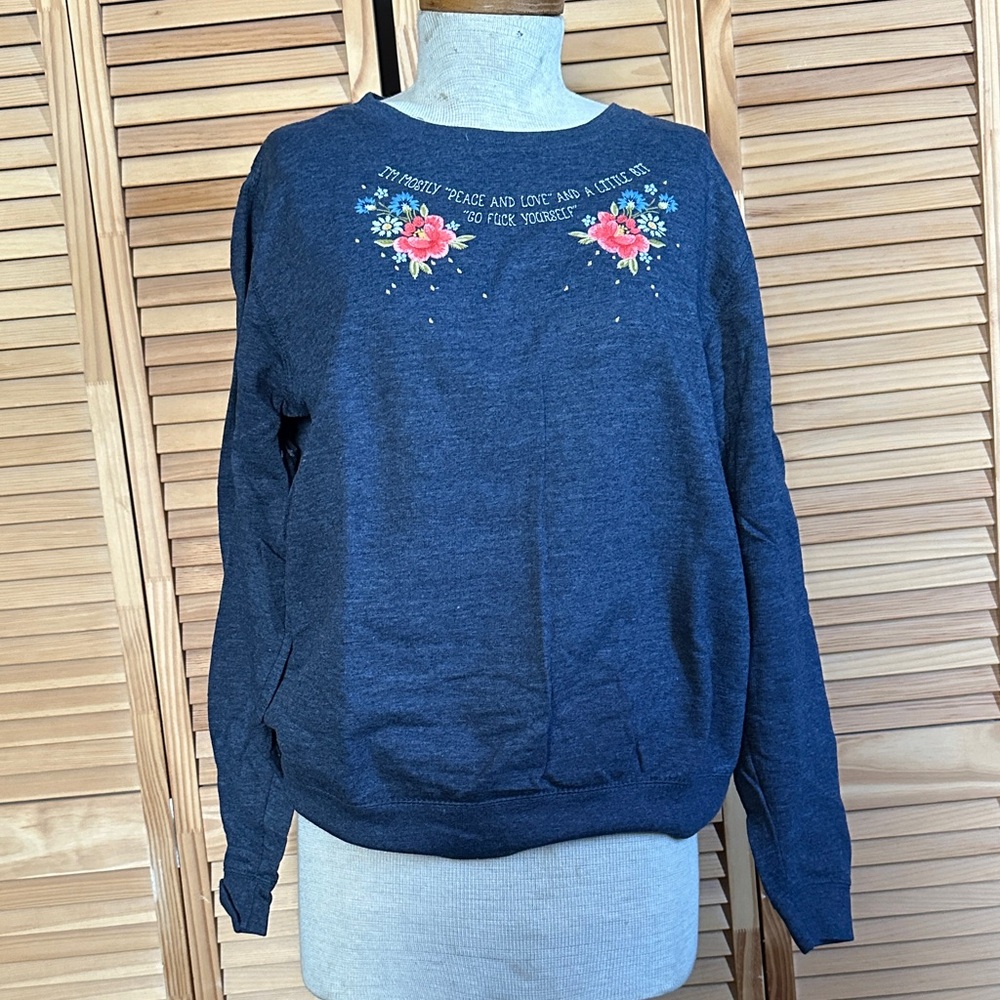 Women's Blue Sweatshirt with Floral Embroidery